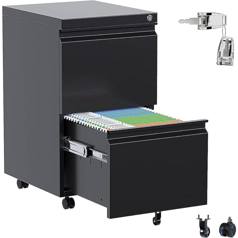 14.56 in. W x 25.6 in. H x 17.32 in. D 2 Drawer Mobile File Cabinet suitable for Office,Freestanding Cabinet in Black - Hercitys