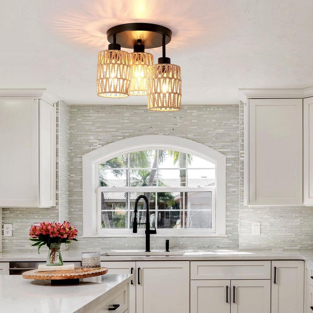 11.8 in. 3-Light Brown and Black Rustic Rattan Semi-Flush Mount for Hallway Entrance Dining Room Bedroom - Hercitys