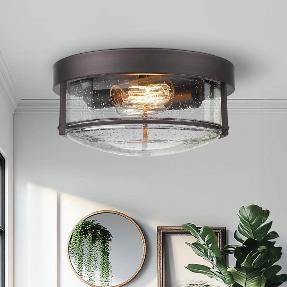 12 in. 2-Light Oil Rubbed Bronze Finish With Seeded Glass Shade Ceiling Flush Mount Light Fixture - Hercitys