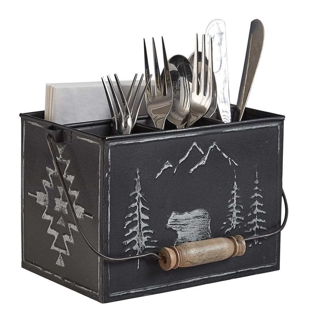 10 in. H x 8 in. W x 5.5 in. D Black Bear Rustic Metal Utensil Caddy - Hercitys