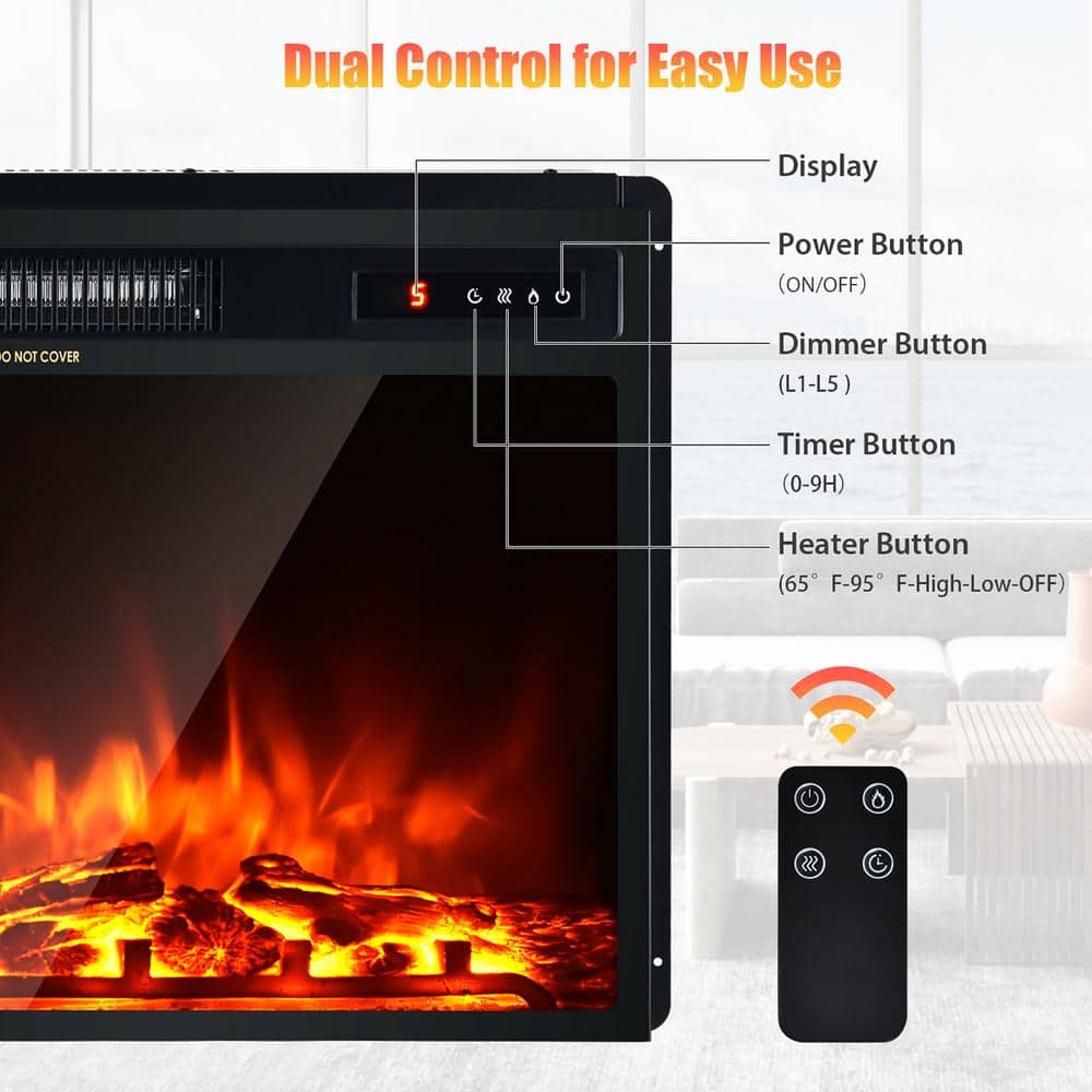 20 in. 1500-Watt Freestanding and Recessed Heater Electric Fireplace Log Flame Remote in Black - Hercitys