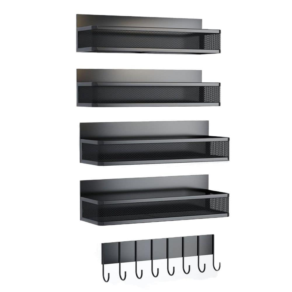5-Piece Black Magnetic Spice Rack with 8-Hook Rack, Moveable Magnetic Fridge Organizer - Hercitys