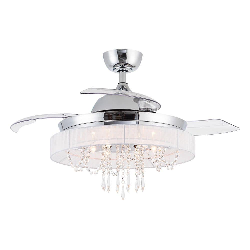 42 in. Indoor Retractable 3-Blade Crystal Chrome Ceiling Fan with Light Kit and Remote Control - Hercitys