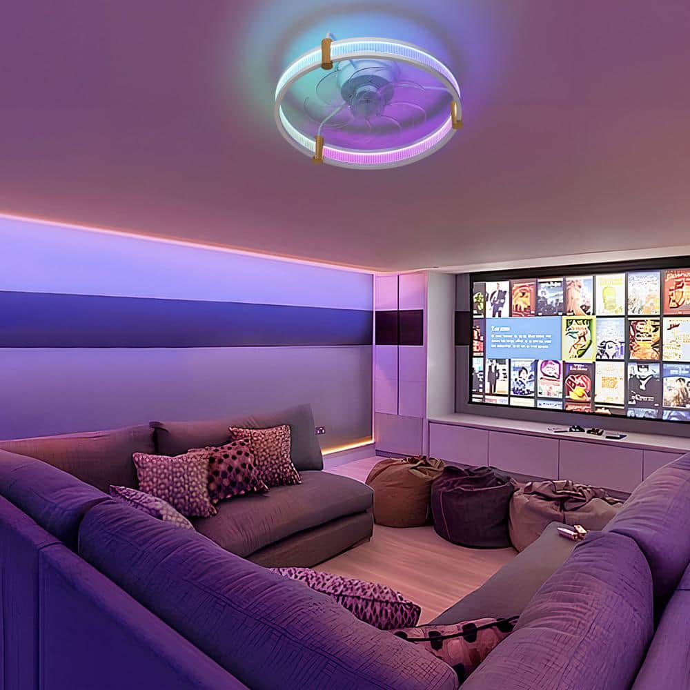 21 in. Smart LED Indoor White RGB Modern Low Profile Flush Mount Ceiling Fan with Light with Remote Control for Bedroom - Hercitys