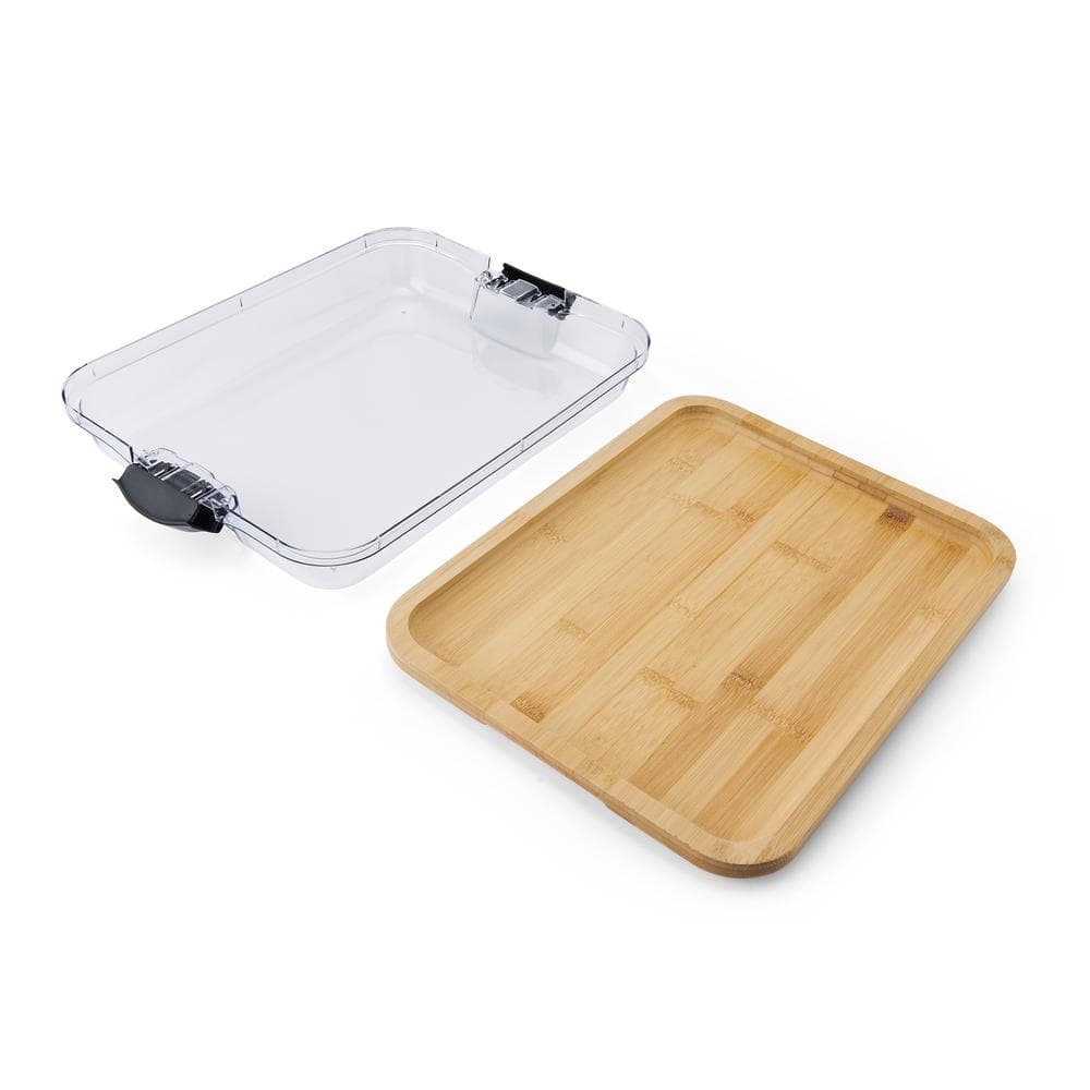 11in.Lx14inWx2.9in.H Build-A-Board Bamboo Cutting Board w/Clear Locking Lid and Black Handles, Single Compartment - Hercitys