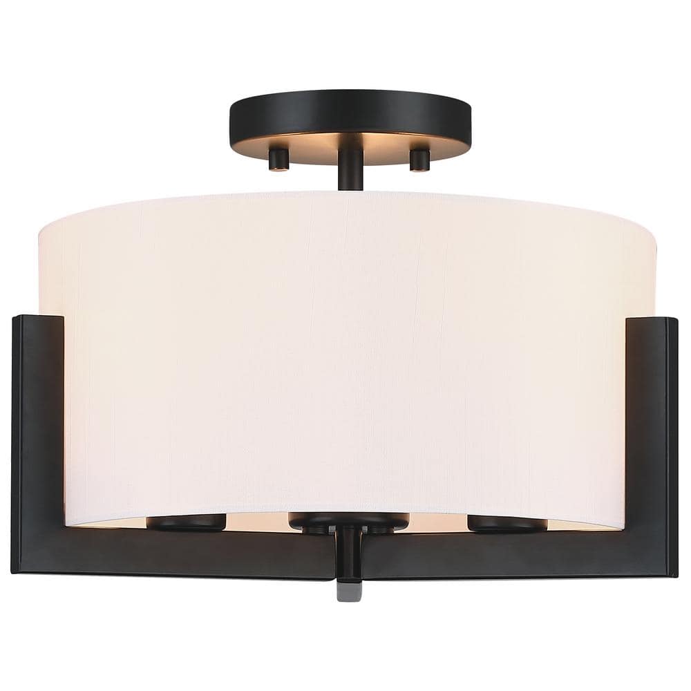 14 in. 3-Light Matte Black Semi-Flush Mount Ceiling Light with Drum Shade - Hercitys