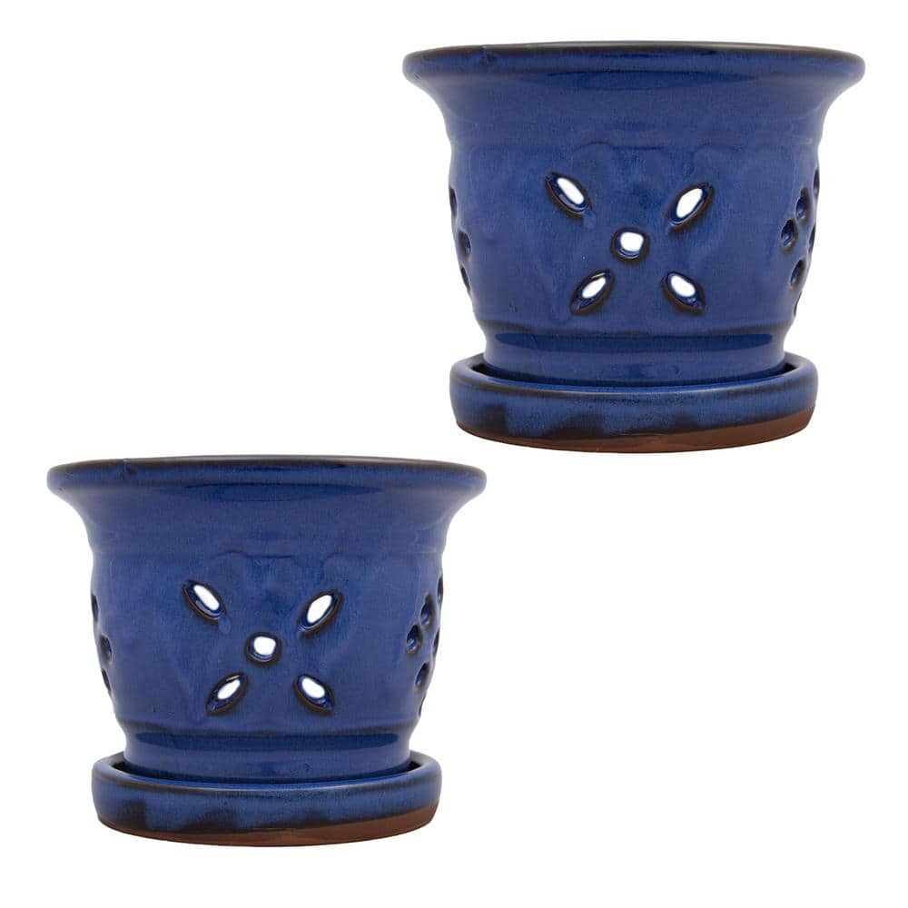5 in. Round Blue Ceramic Orchid Pot Twin Pack - Hercitys