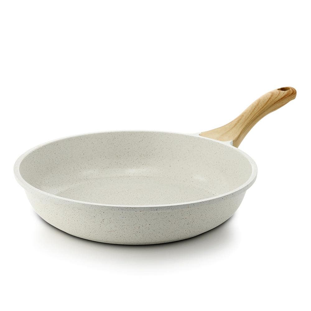 11 in. Cast Aluminum Nonstick Coating Frying Pan in White with Comfortable Grip Bakelite Handle in Wood Grain Design - Hercitys