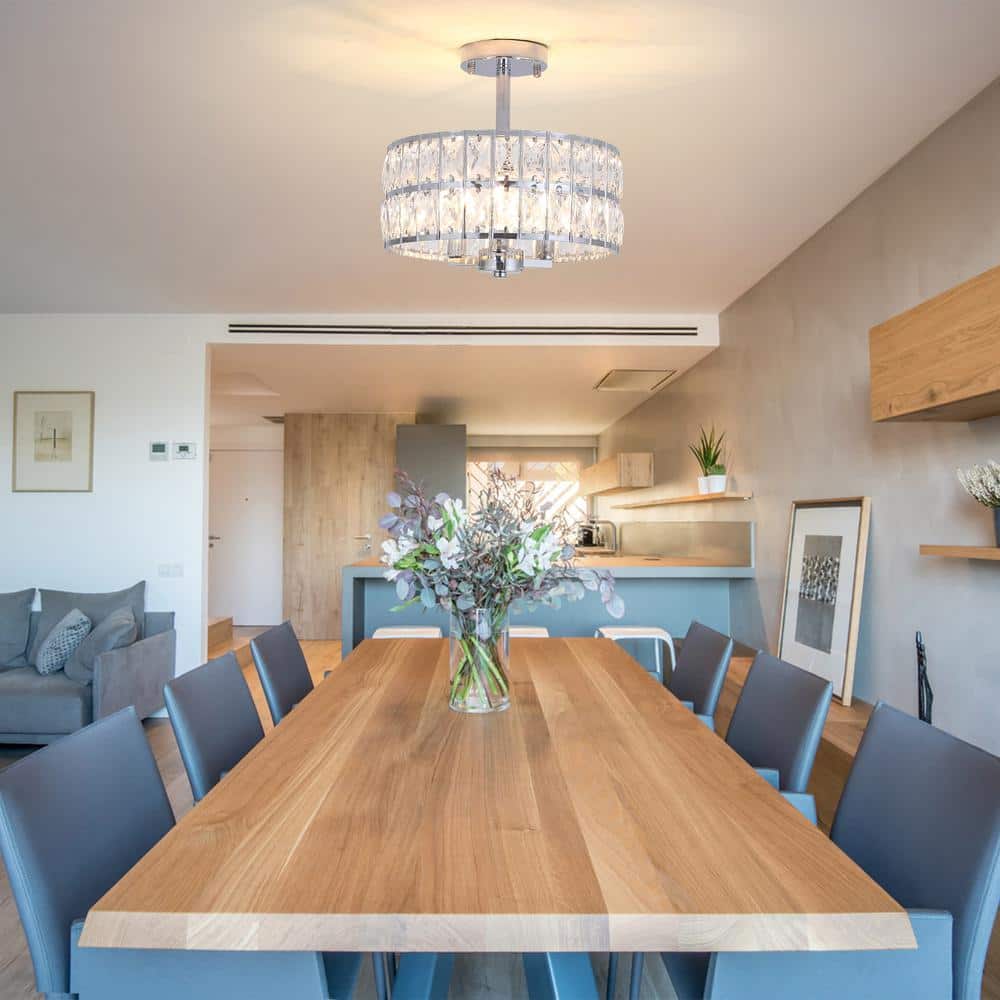 12.59 in. 3-Light Chrome Round Drum Semi-Flush Mount Ceiling Light with Clear Crystal and No Bulbs Included - Hercitys