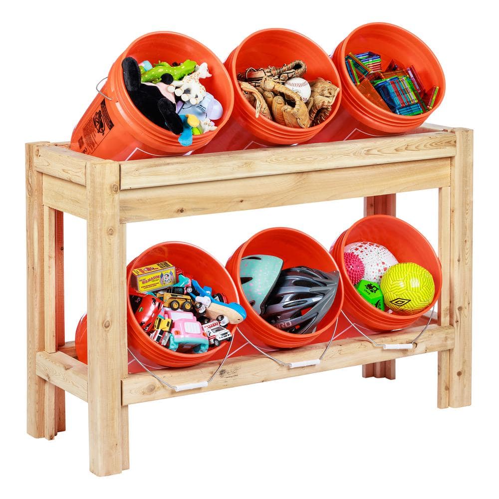 2 Tiers Cedar Bucket Garage Storage Shelving Unit in Unfinished Cedar Wood (44 in. W x 30 in. H x 16 in. D) - Hercitys