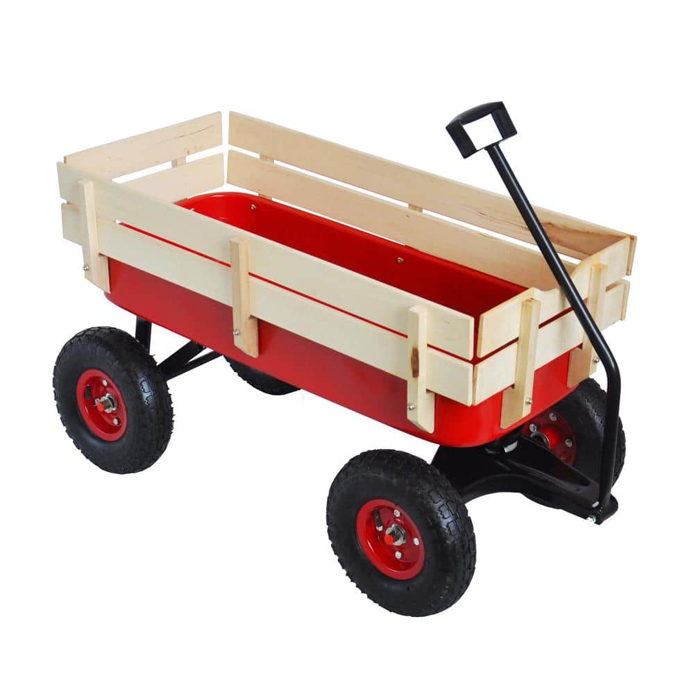 3 cu. ft. Red Steel Garden Cart with Wooden Fence - Hercitys