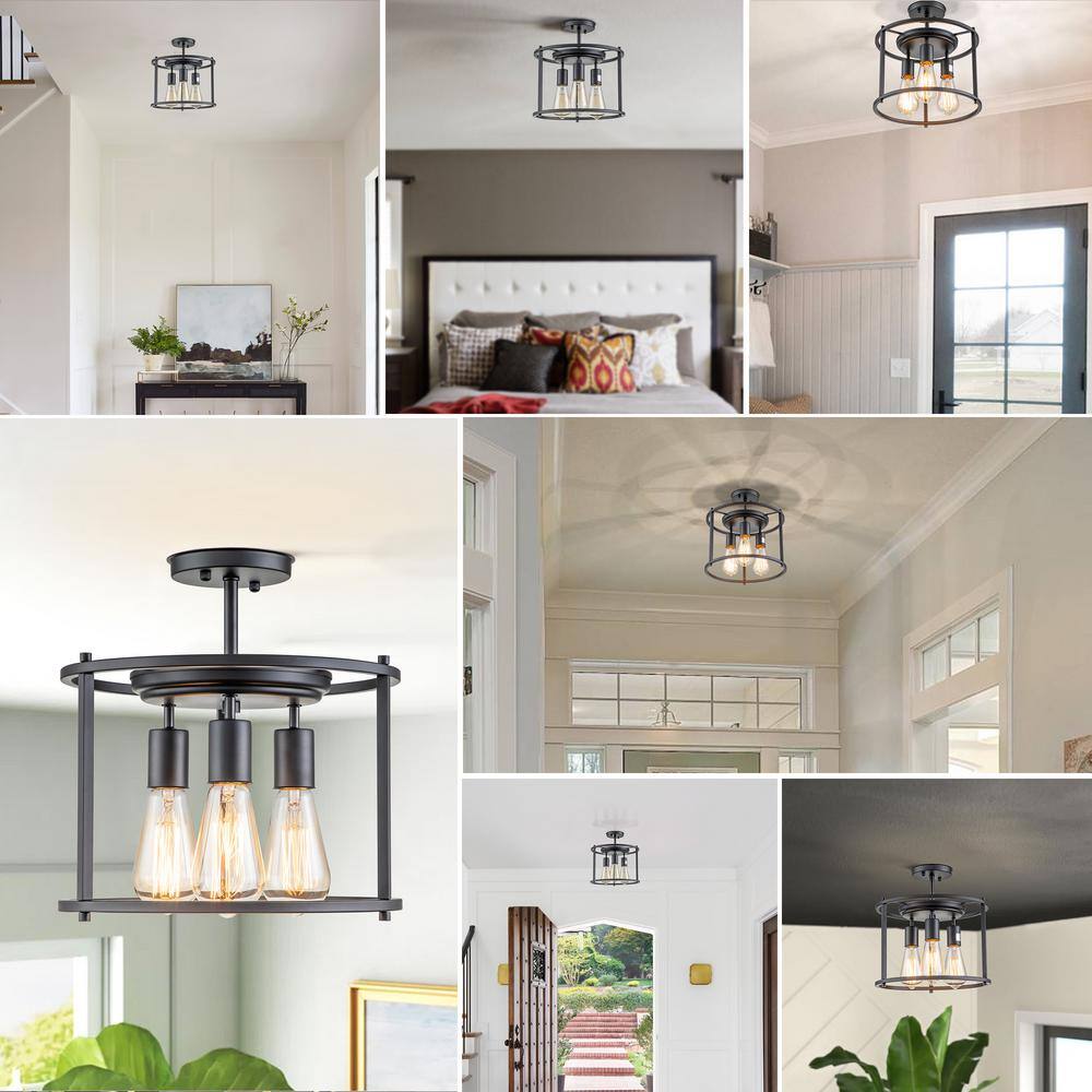 12 in. 3-Light Black Drum Cage Semi-Flush Mount Light - Hercitys