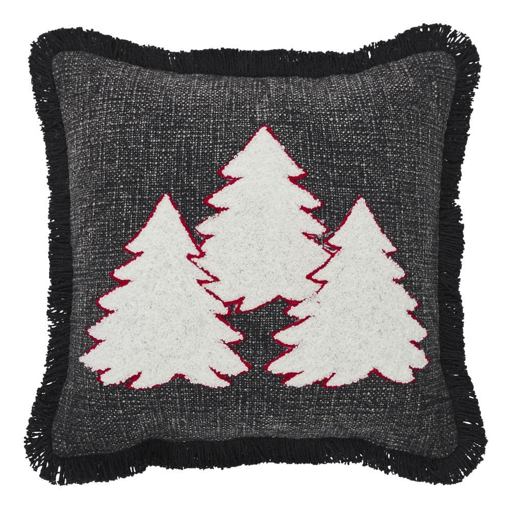 12 in. x 12 in. Soft Black, Light Creme, Candy Cane Red 3-Trees Woven Decorative Christmas Throw Pillow - Hercitys