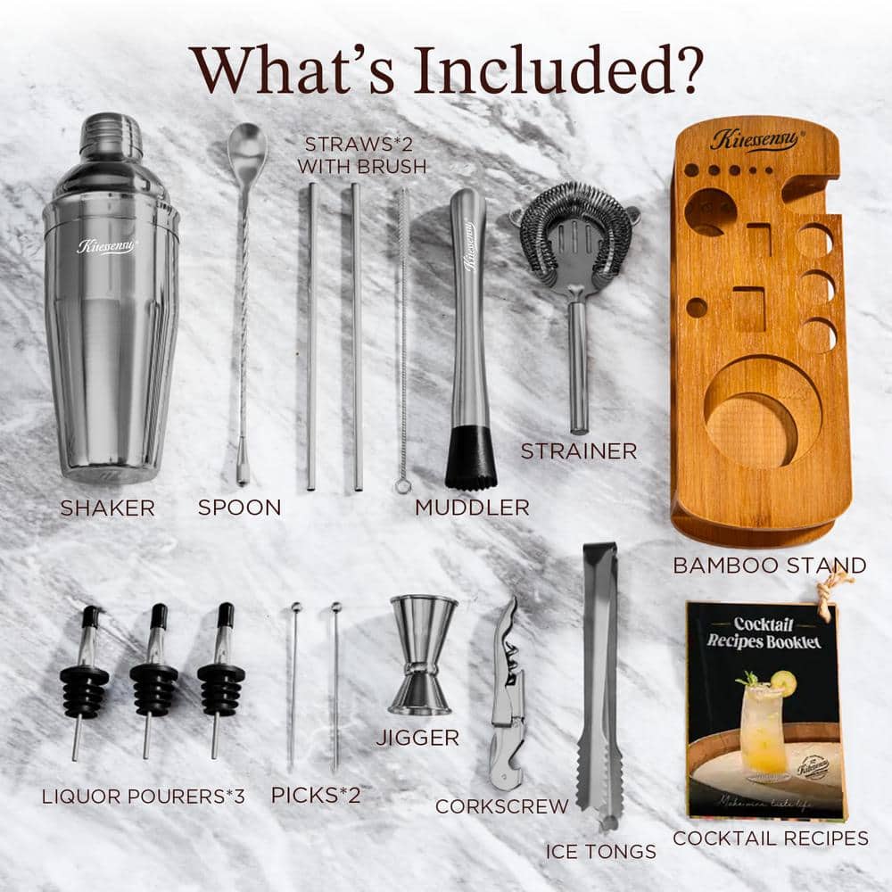 15-Piece Black Stainless Steel Kit with Stand Martini Shaker Cocktail Mix Set, Jigger, Strainer, Spoon, Muddler, Pourer - Hercitys