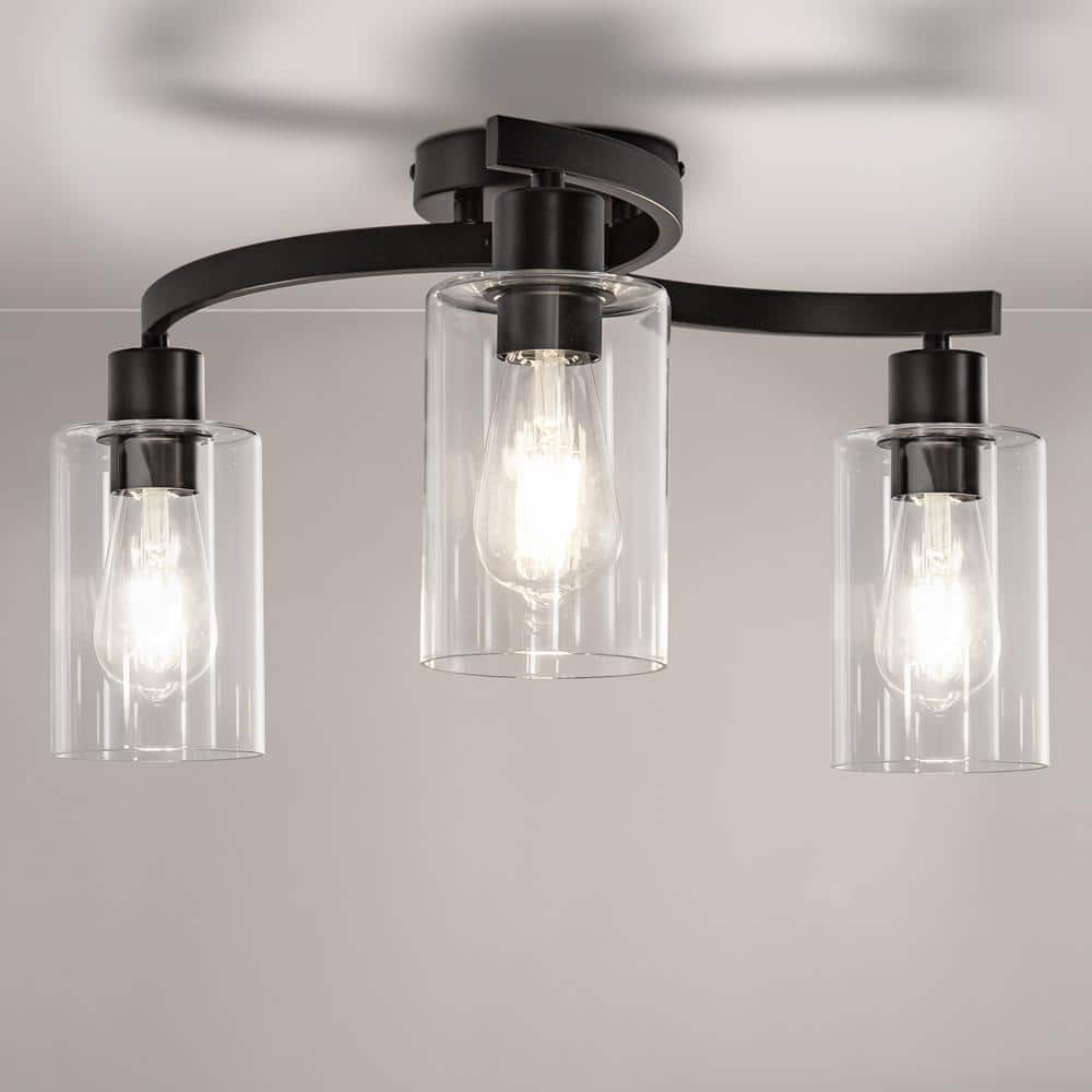 11.8 in. 3-Light Semi-Flush Mount Ceiling Light, Matte Black Bedroom Light Fixtures with Clear Glass Shades - Hercitys