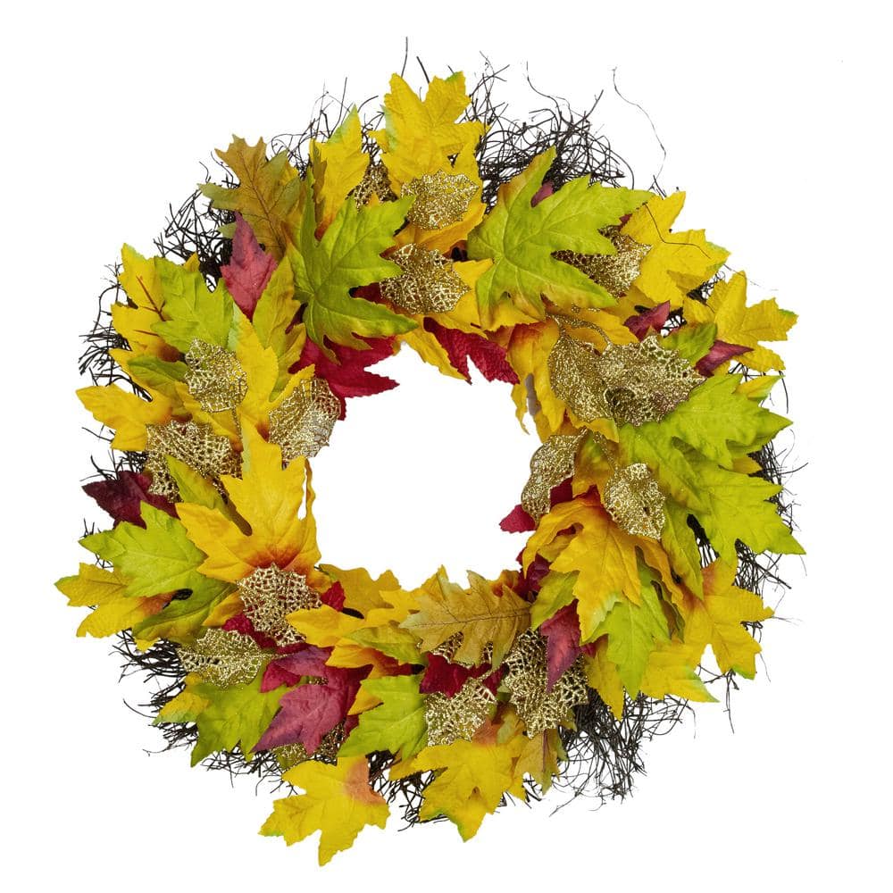 22 in. Unlit Autumn Harvest Maple Leaf Artificial Thanksgiving Floral Wreath - Hercitys