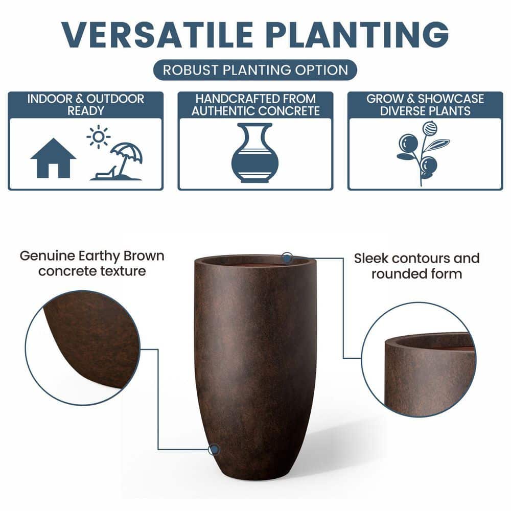 14 in. Large Earthy Brown(Premium Inner) Concrete Round Planter / Pot with Drainage Holes - Hercitys