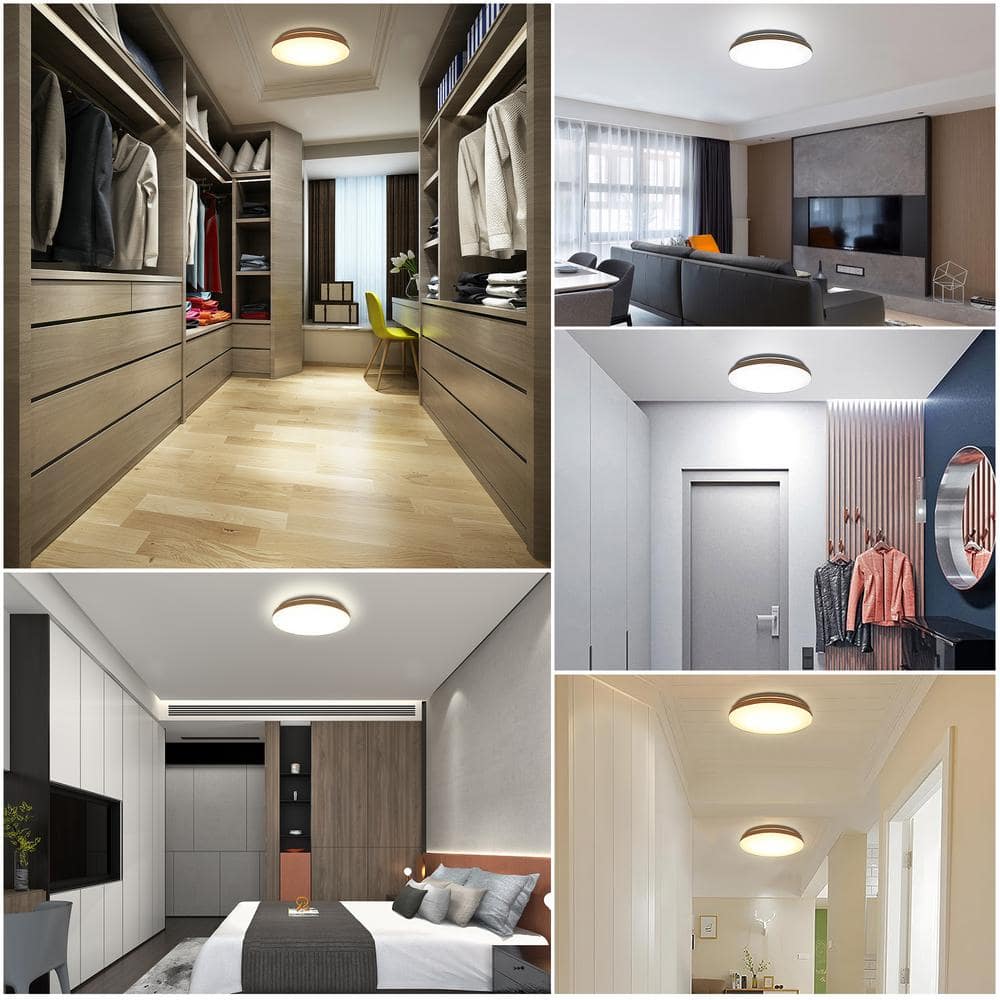 11.5 in. Round White with Faux Wood-Grain Trim Adjustable CCT 3000K/4000K/5000K Dimmable Flush Mount Light Fixture - Hercitys