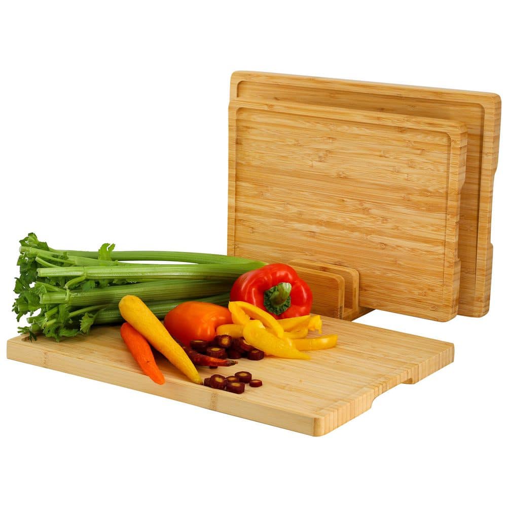 3-Piece Natural Bamboo Cutting Board Set with Base - Hercitys
