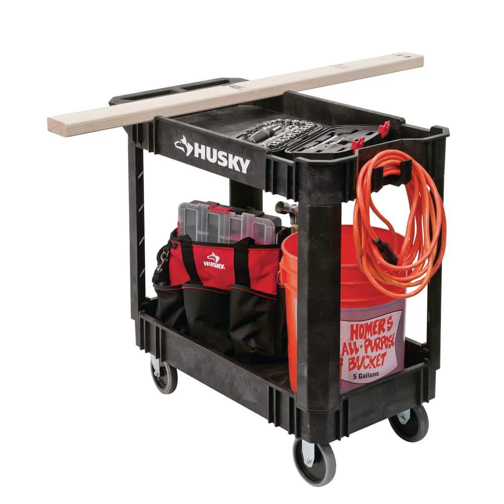 2-Tier Plastic 4-Wheeled Service Cart in Black - Hercitys