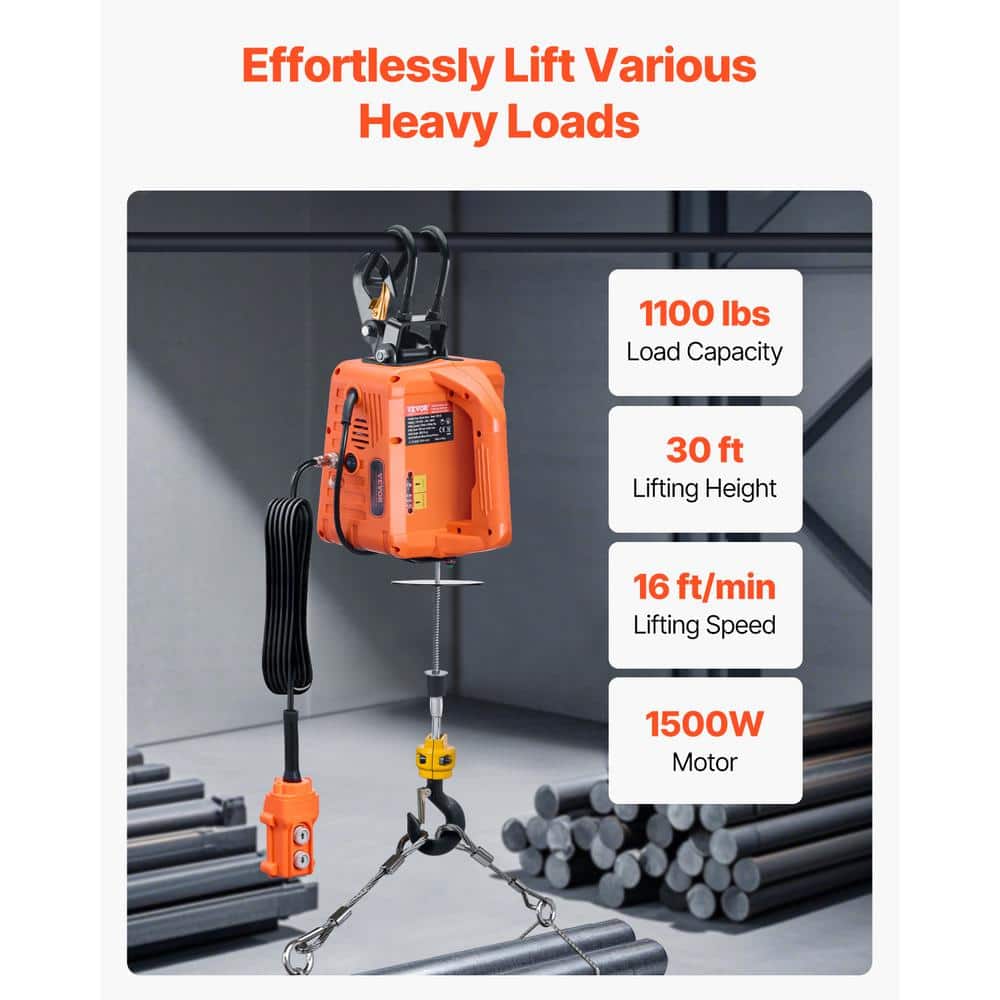 3-in-1 Electric Hoist Winch, 1100 lbs. Capacity, 1500W Portable Power Winch, 30 ft. Lifting Height, 16 ft./min with Wire - Hercitys