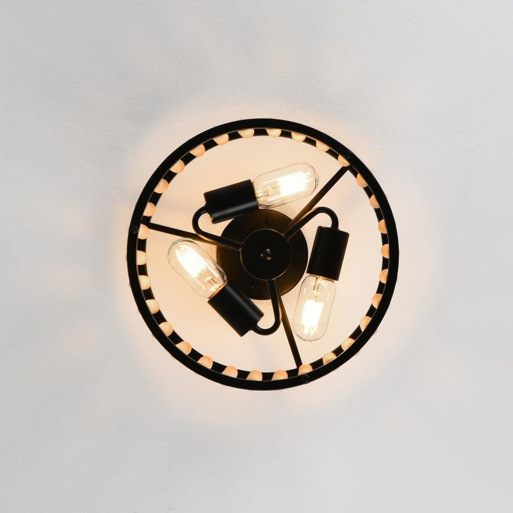 12.6 in. 3-Light Black Farmhouse Wood Beaded Shade Semi-Flush Mount Ceiling Light - Hercitys