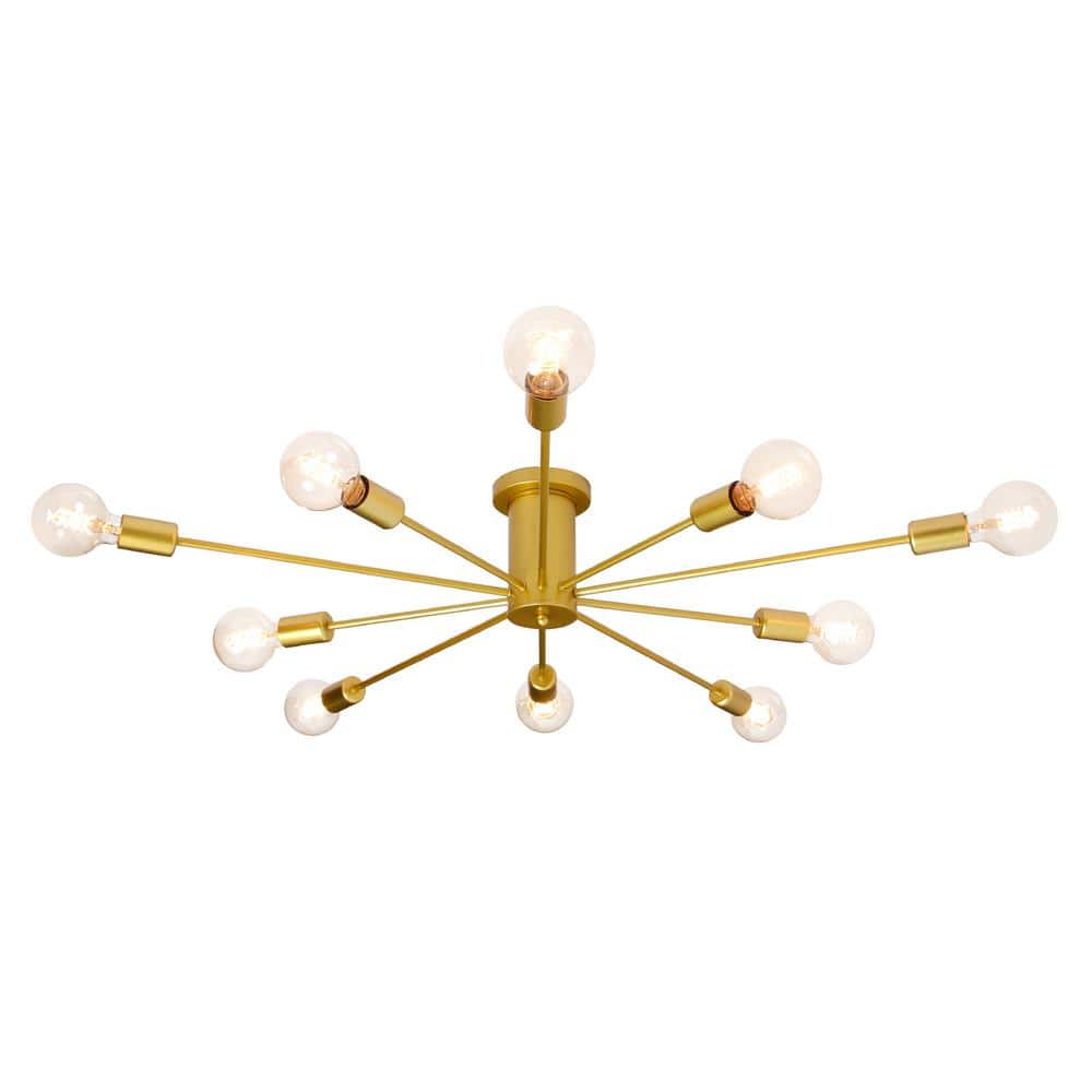 37.7 in. 10-Light Gold Sputnik Flush Mount for Living Dining Room Chandelier Ceiling Light - Hercitys