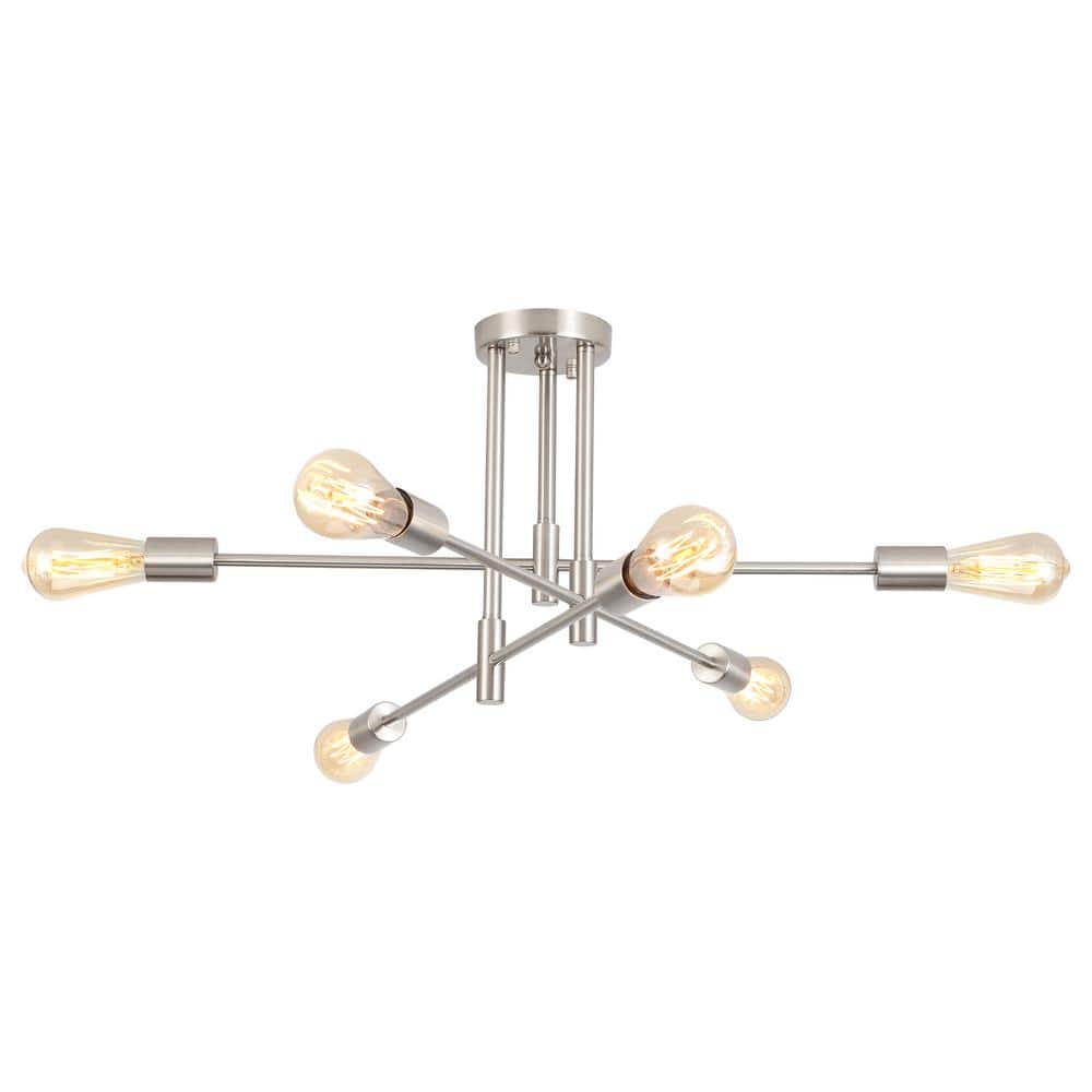 27.56 in. 6-Light Nickel Sputnik Semi- Flush Mount Ceiling Lights with 360°Rotatable Light Arm - Hercitys