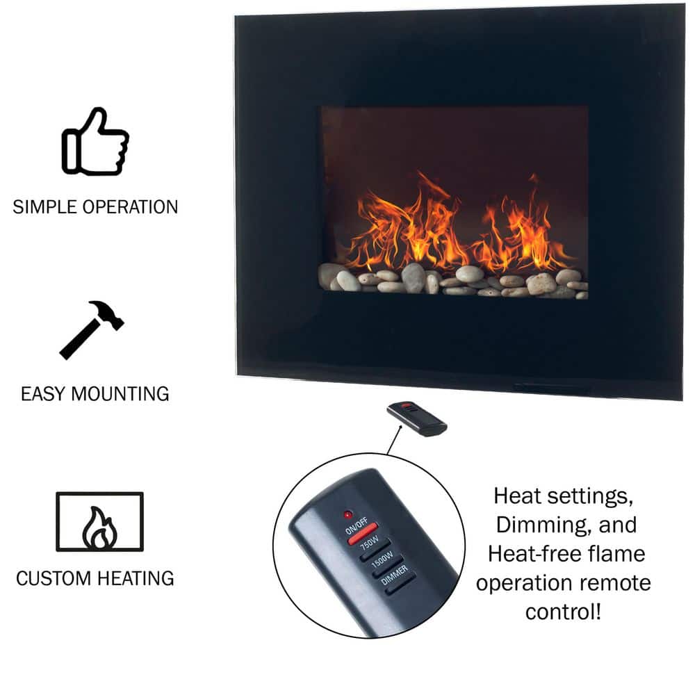 26 in. Glass Panel Wall Mount Electric Fireplace and Remote in Black - Hercitys