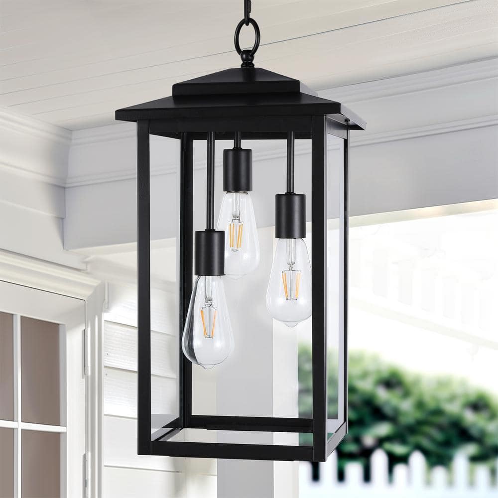 21 in. 3-Light Matte Black Outdoor Hanging Pendant Light with Clear Glass - Hercitys