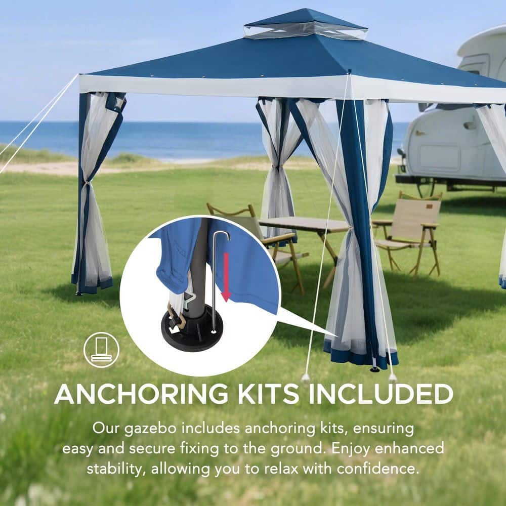 10 ft. x 10 ft. Outdoor Modern 2-Tier Steel Frame Soft Top Gazebo with Mesh Netting for Backyard-Navy Blue & White - Hercitys