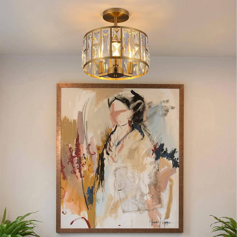12 in. 3-Light Round Modern Gold Drum Semi Flush Mount Ceiling Light with Clear Crystal Glass - Hercitys