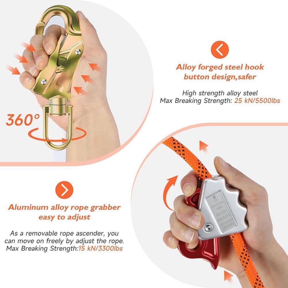 10 ft. Retractable Climbing Lifeline Tree Climbing Rope with Steel Swivel Snap Hook Triple Lock Carabiner Adjuster - Hercitys