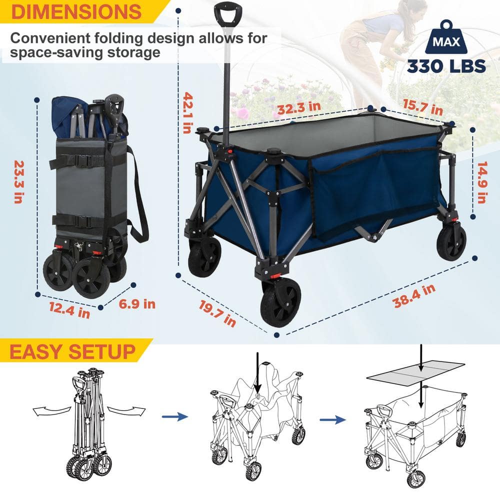 4.3 cu. ft. Oxford Fabric Garden Cart with Wheels, Adjustable Handle, Side Pockets and Cup Holders, Dark Blue - Hercitys