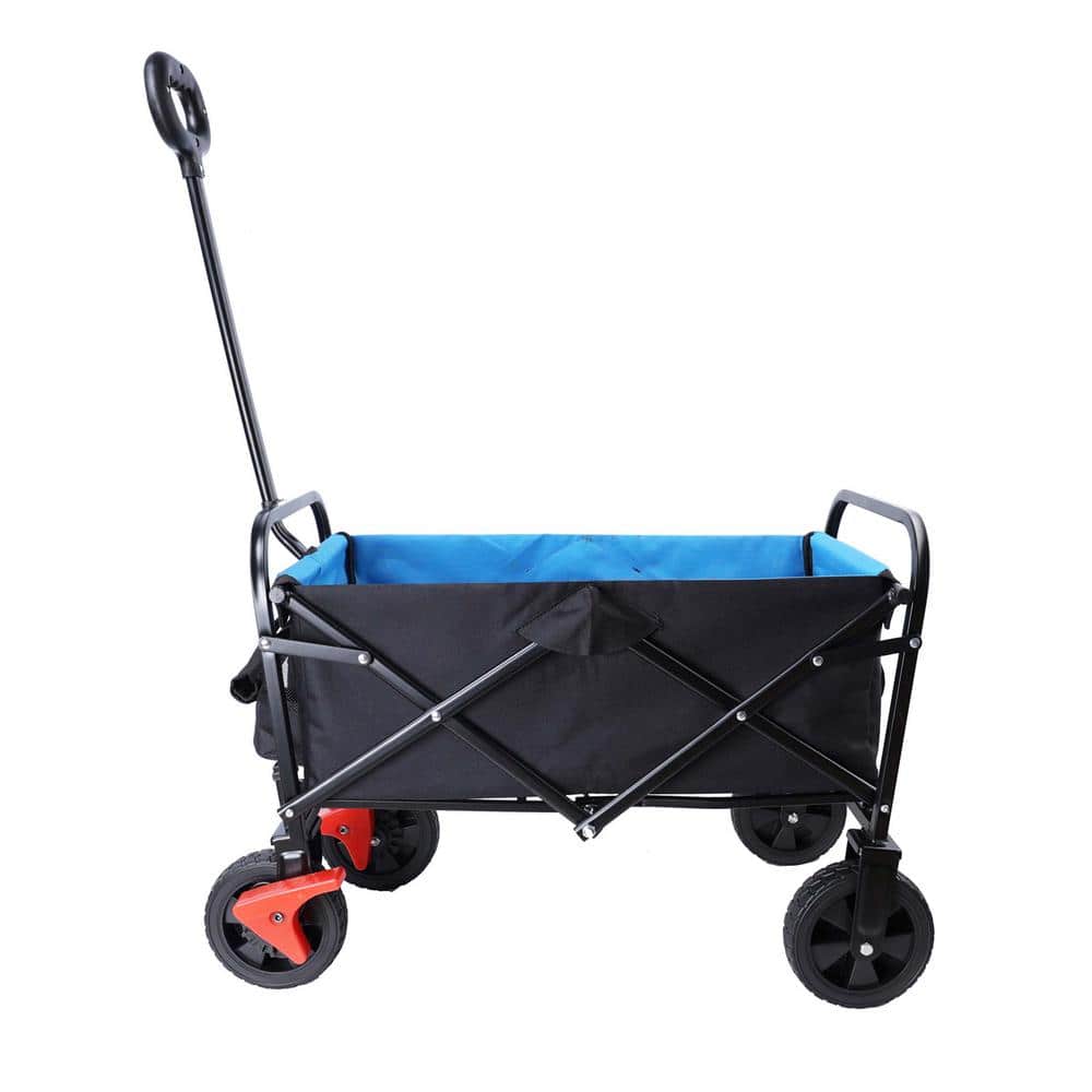 1.3 cu.ft. Mini Folding Wagon, Metal Garden Cart, Beach Shopping (Black and Blue and Brake) - Hercitys