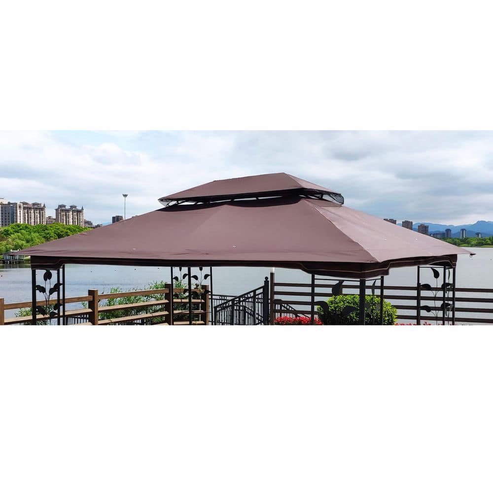 10 ft .x 12 ft. Outdoor Patio Gazebo Replacement Canopy, Double Tiered Gazebo Tent Roof Top (Frame Not Include) Brown - Hercitys