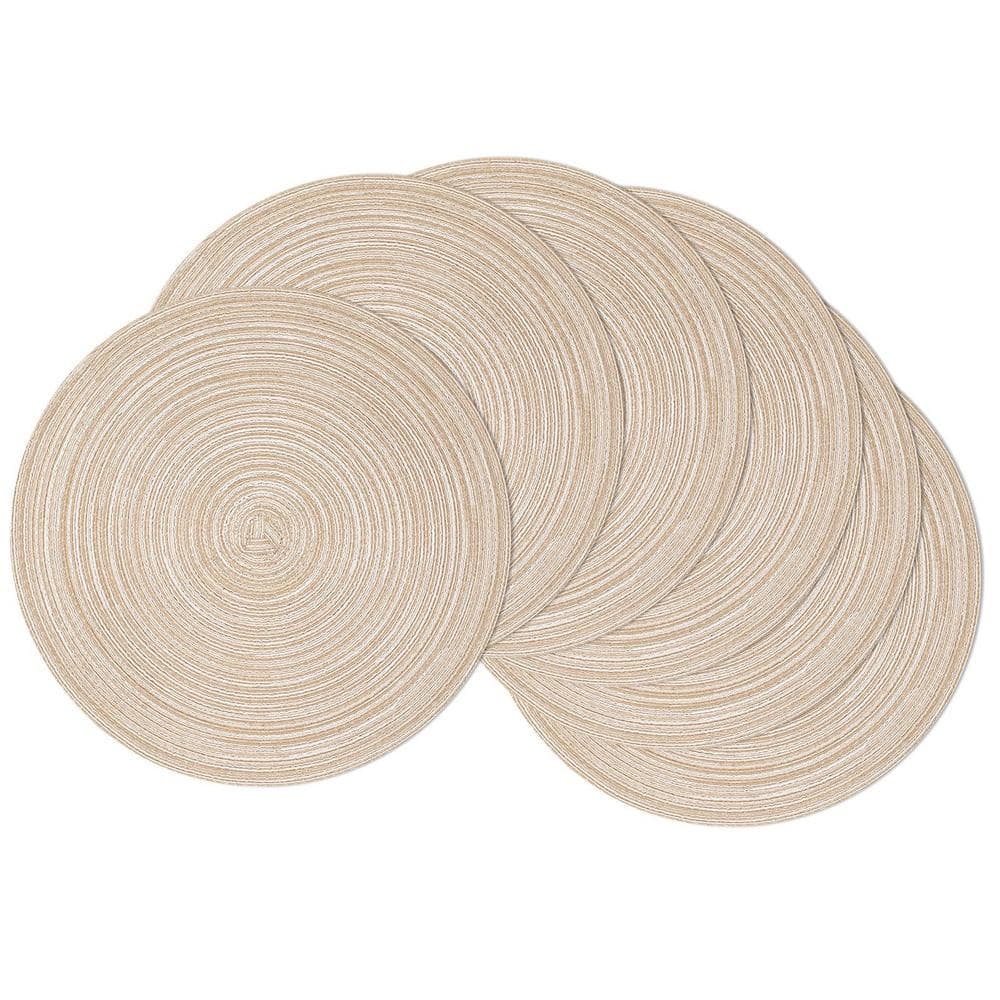 15 in. Round Beige Washable Cotton Braided Placemats for Kitchen Dining Table (Set of 6) - Hercitys