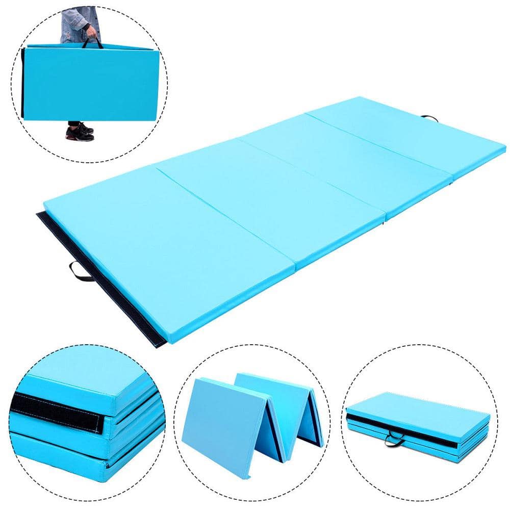 4′ x 8′ x 2” Folding Gymnastics Mat Four Panels Gym PU Leather EPE Foam Blue (32 sq.ft.) - Hercitys