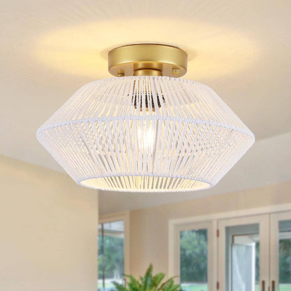 12.59 in. 1-Light Gold and White Metal Semi-Flush Mount Light with Imitation Hemp Rope Shade and No Bulbs Included - Hercitys