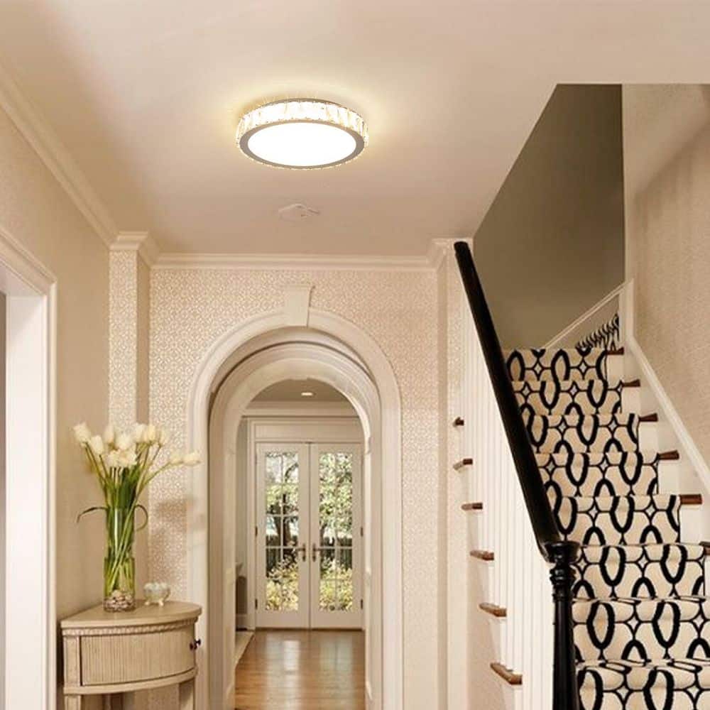 13.8 in. LED Modern Semi Clear Crystal Flush Mount Ceiling Light, 3-Color Temperatures Light Fixtures for Living Room - Hercitys