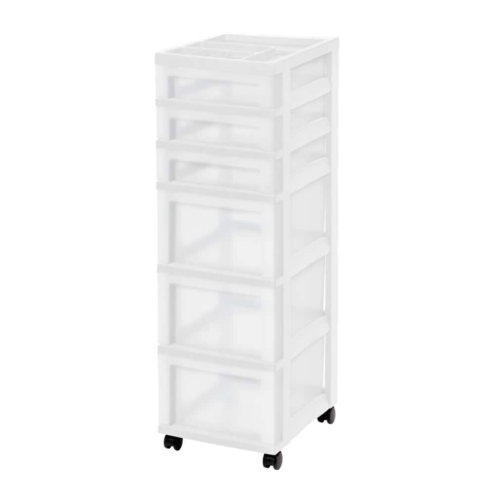 14.25 in. L x 12.05 in. W x 37.75 in. H White and Pearl 6-Drawer Storage Cart with Organizer Top - Hercitys