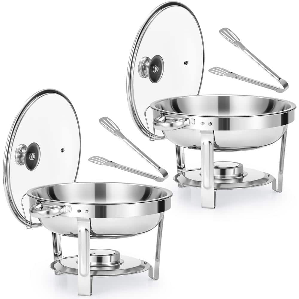 2-Pack 5 qt. Stainless Steel Round Chafing Dishes Buffet Set with Glass Lid Holder - Hercitys