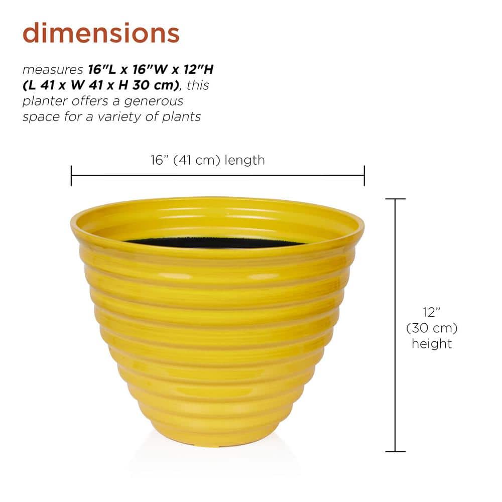 16 in. Indoor/Outdoor Round Glazed Plastic Planter, Yellow - Hercitys