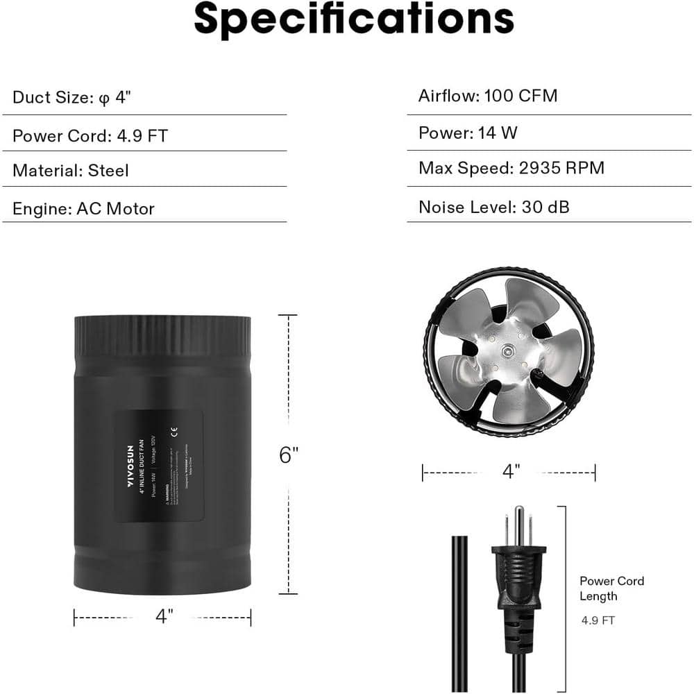 100 CFM 4 in. Inline Booster Duct Fan with Low Noise in Black - Hercitys