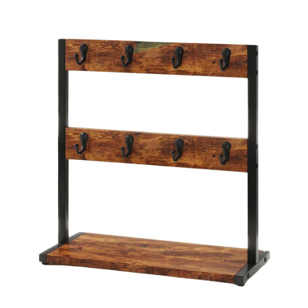 16 Hooks Metal Wood Coffee Mug Tree Holder for Countertop with Storage Base for Home Kitchen, Rustic Brown - Hercitys