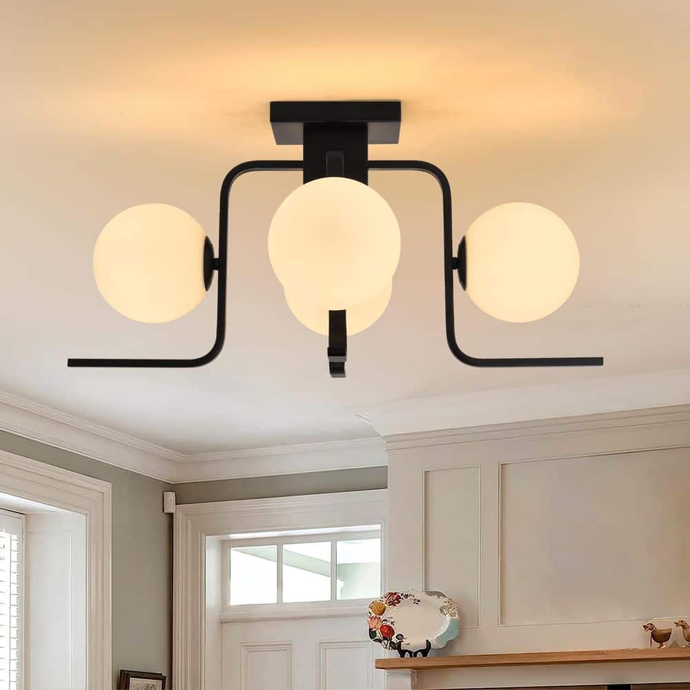 25.6 in. 4-Light Matte Black Industrial Semi-Flush Mount Ceiling Light with White Globe Glass - Hercitys
