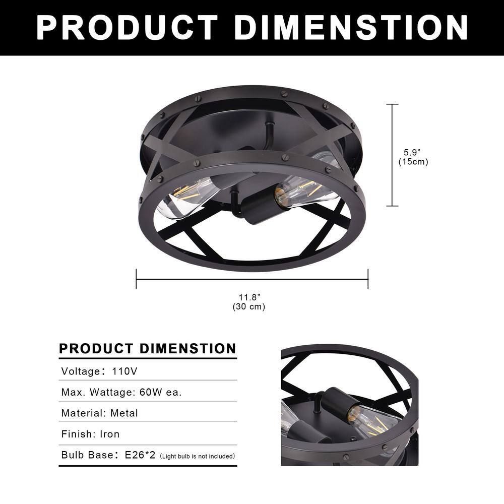 11.8 in. 2-Light Matte Black Flush Mount with Drum Shape - Hercitys