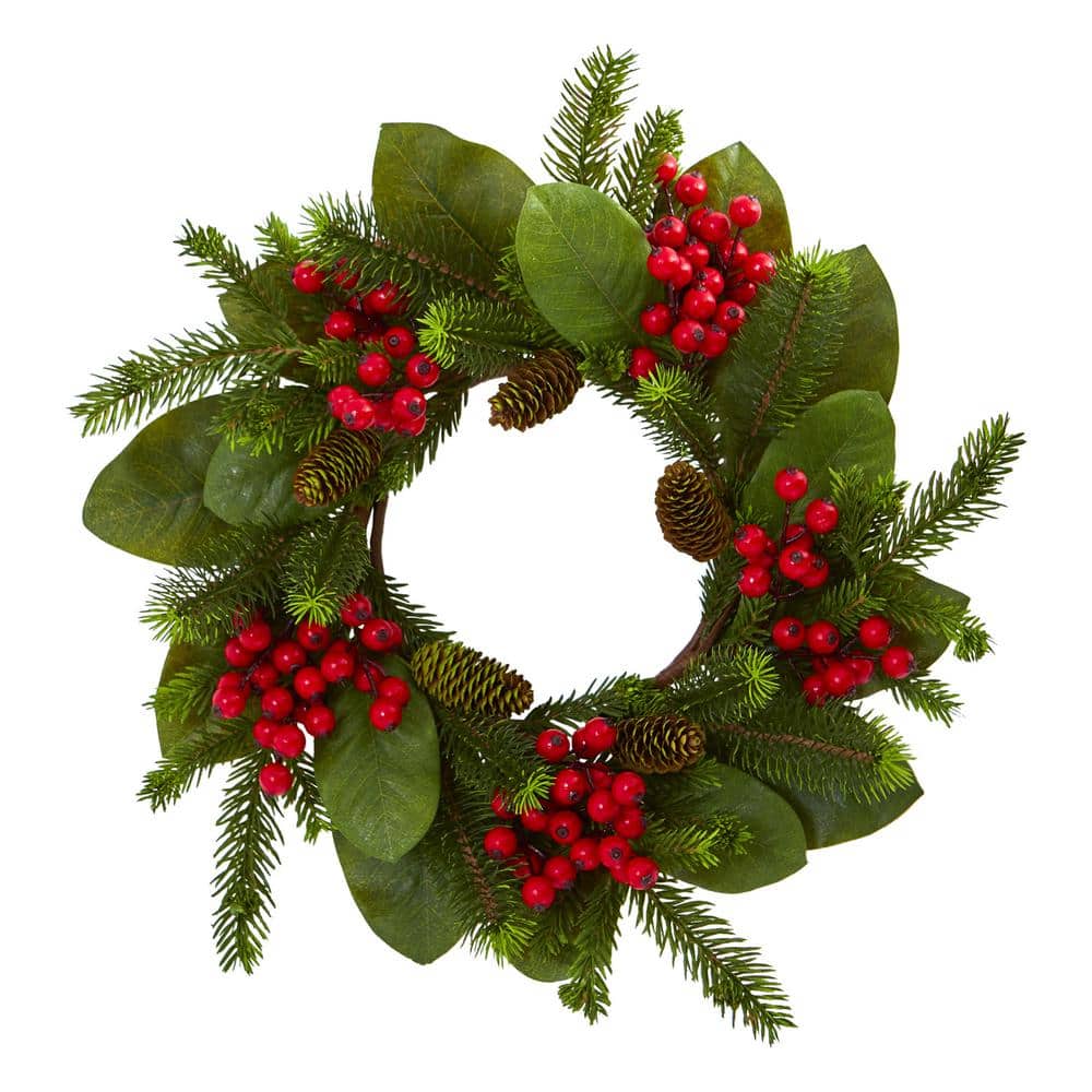 19in. Artificial Unlit Artificial Holiday Wreath with Magnolia Leaf, Berry and Pine - Hercitys