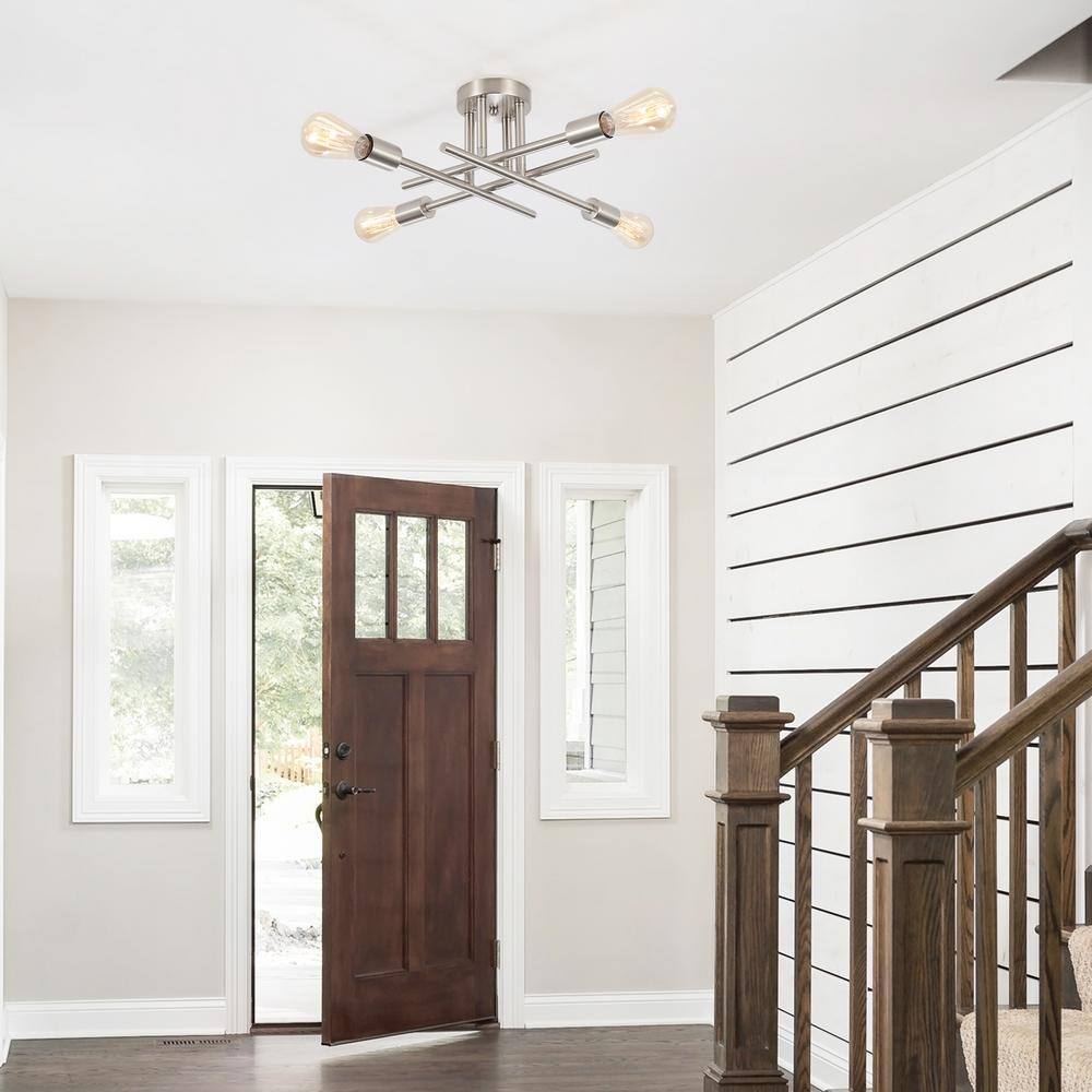 18.5 in. 4-Light Nickel Sputnik Semi- Flush Mount for Foyer Dining Room with No Bulbs Included - Hercitys