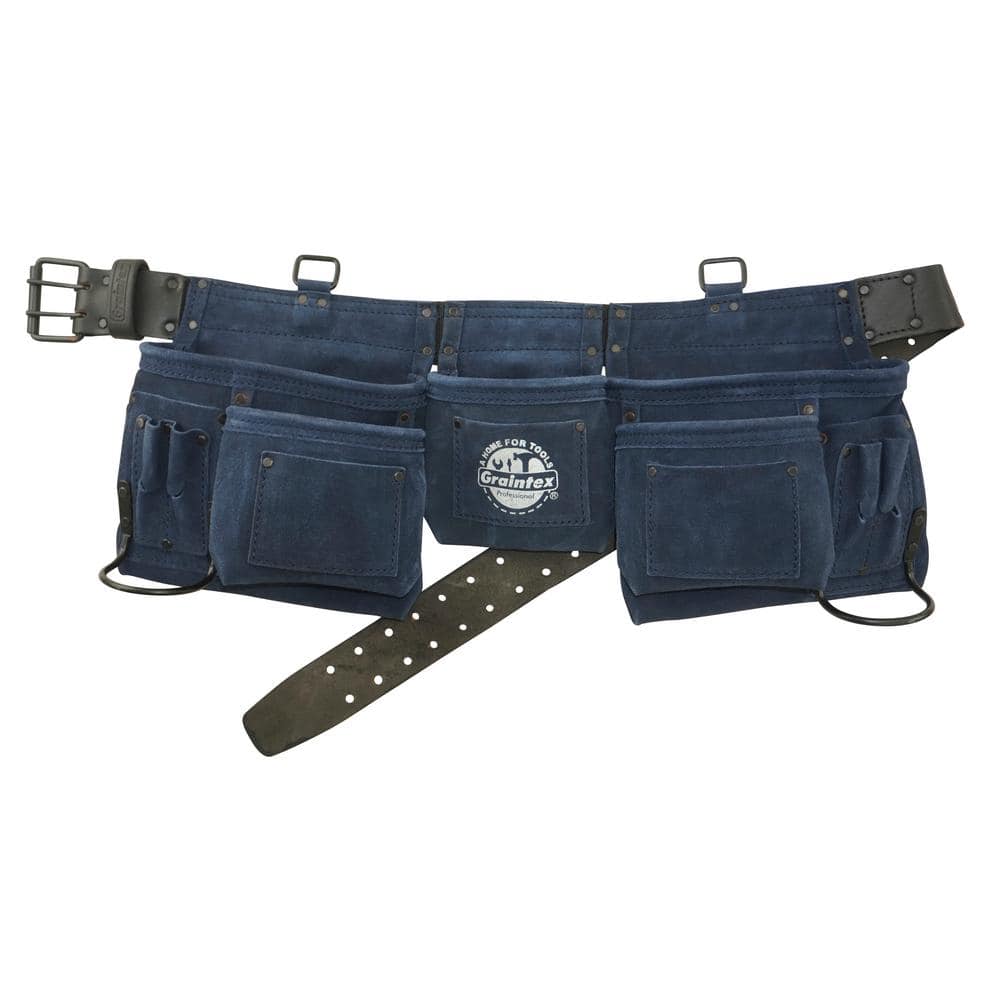 11-Pocket Suede Leather Tool Apron in Navy Blue with 2 Hammer Holders and Suspender Hooks - Hercitys